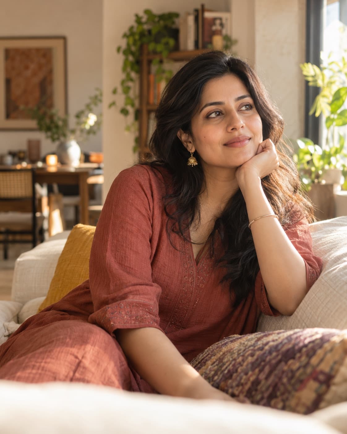 A thoughtful Indian single relaxing at home